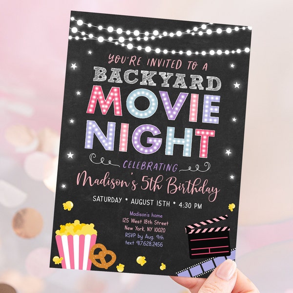 EDITABLE Backyard Movie Night Birthday Invitation Movie Under the Stars Girls Outdoor Backyard Movie Party Popcorn Digital Download A555