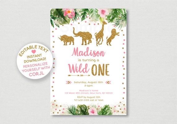 Pink & Gold Safari Wild ONE 1st Birthday Invitation / Gold Safari Birthday Invite / Wild One Safari / Safari 1st Birthday / EDITABLE A478 Il_570xn