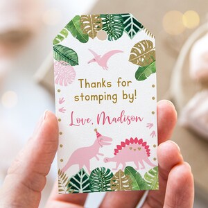 Pink Dinosaur Birthday Thank You Tags, Thanks For Stomping By, Pink & Gold Dinosaur, Girl Dinosaur Favor Tags, EDITABLE Printable A507
