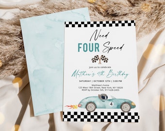 Editable Race Car Need Four Speed Birthday Invitation Race Car 4th Birthday Invite Racing Birthday Racing Party Blue Race Car Digital A688