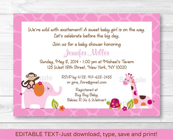 Cute Jungle Safari Animals Printable Baby Shower Invitation Editable PDF
