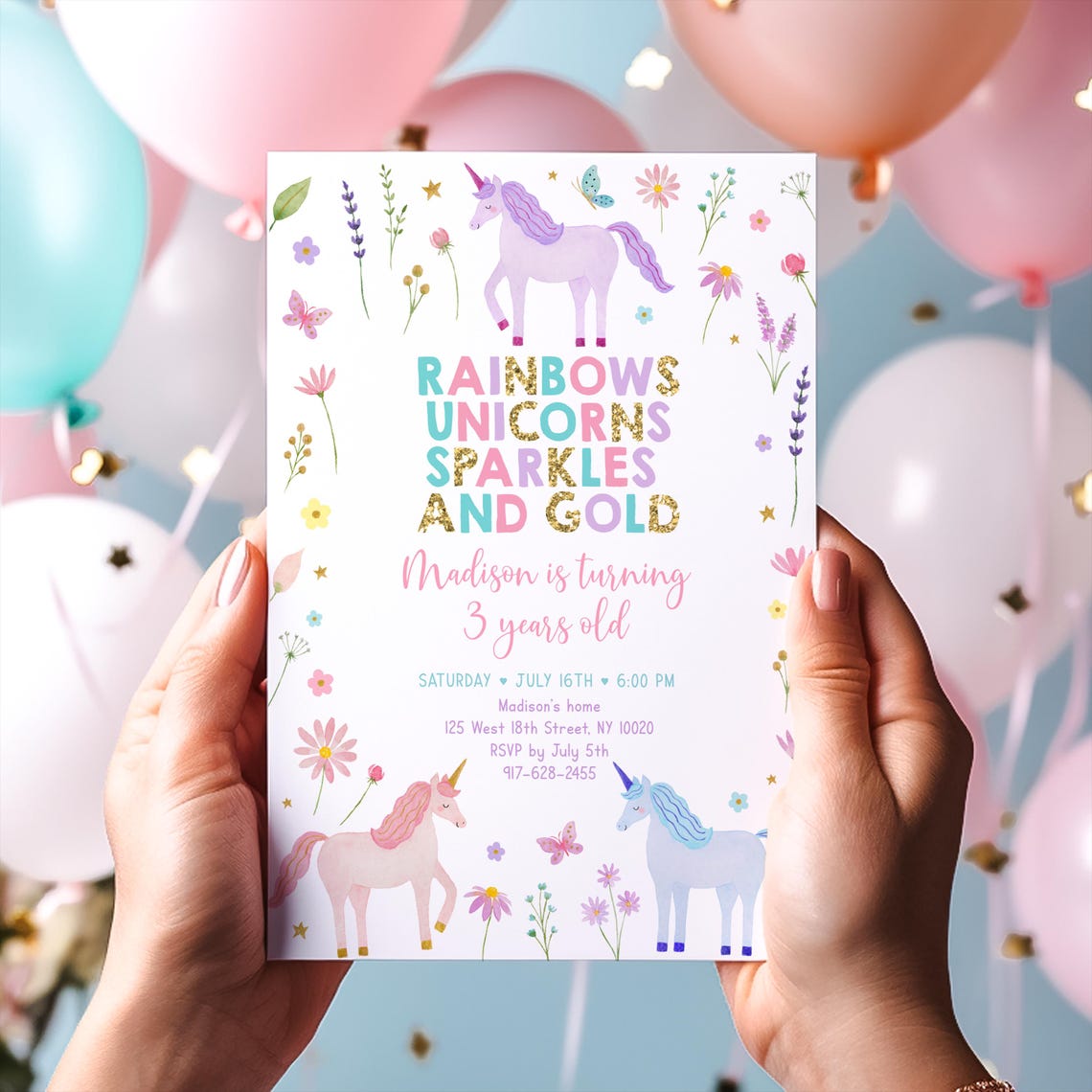 Editable Unicorn Rainbow Birthday Invitation Unicorns Rainbows Sparkles ...