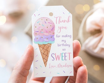 Editable Ice Cream Birthday Thank You Tags Favor Tags Girls Ice Cream Party Modern Watercolor Ice Cream Cone Digital Download A673