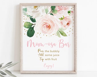 Blush Pink Floral Mimosa Bar Sign Floral Baby Shower Blush & Gold Girl Baby Shower Mom-osa Bar Sign Digital Printable Instant Download A492