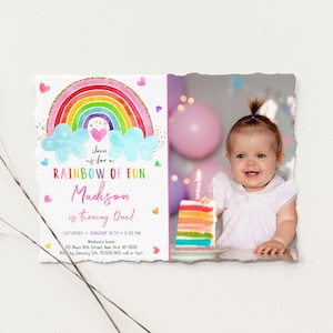May include: A colorful rainbow birthday invitation with a photo of a baby girl. The invitation says "Join us for a Rainbow of Fun Madison is turning One!" with details for the party.