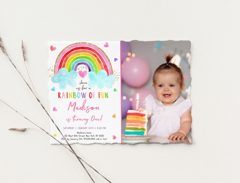 May include: A colorful rainbow birthday invitation with a photo of a baby girl. The invitation says "Join us for a Rainbow of Fun Madison is turning One!" with details for the party.