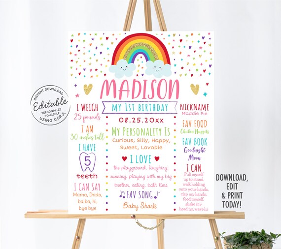 EDITABLE Rainbow Milestone Birthday Sign Rainbow First Birthday Pink Gold Rainbow Clouds Girl First Birthday Printable Digital Corjl A530 Il_570xn