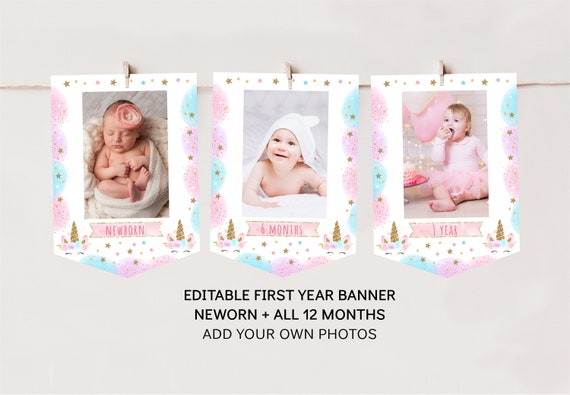 Unicorn First Birthday Banner, Monthly Photo Banner, Rainbow Unicorn, Pink & Gold, Floral, Girl First Birthday, Editable Download A451 Il_570xn