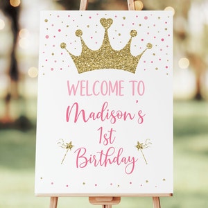 Editable Princess Birthday Welcome Sign Princess First Birthday Pink Gold Princess Crown Tiara Wand Printable Digital Download