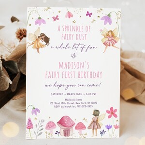 May include: A whimsical invitation for Madison's Fairy First Birthday, featuring watercolor illustrations of fairies, flowers, and mushrooms. The text reads "A Sprinkle of Fairy Dust" and includes event details: Saturday, March 16th, 6:00 PM, and an address.
