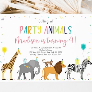 Bewerkbare verjaardagsuitnodiging feestbeesten, dierentuin safari dieren verjaardag, jungledieren, jongen, meisje, afdrukbaar, digitale Instant Download A513