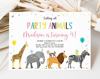 Editable Party Animals Birthday Invitation, Zoo Safari Animal Birthday, Jungle Animals, Boy, Girl, Printable, Digital Instant Download A513