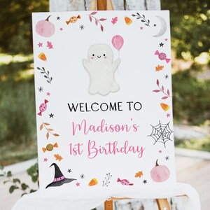 Editable Ghost Birthday Welcome Sign BOO-day Halloween Sign Halloween Party Pink Girl Ghost Pumpkin LeavesDigital Download A706