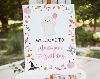 Editable Ghost Birthday Welcome Sign BOO-day Halloween Sign Halloween Party Pink Girl Ghost Pumpkin LeavesDigital Download A706