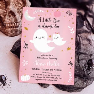 Editable Little Boo Baby Shower Invitation Little Boo Is Almost Due Pink Ghost Pumpkin Halloween Baby Shower Invite Digital Download A637