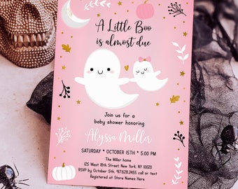 Editable Little Boo Baby Shower Invitation Little Boo Is Almost Due Pink Ghost Pumpkin Halloween Baby Shower Invite Digital Download A637