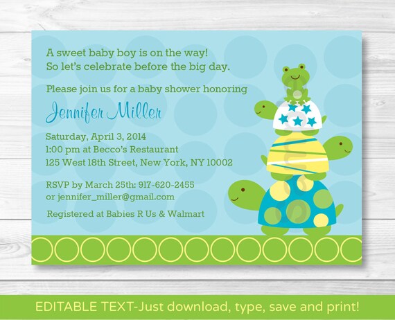 Pink Turtle Stacked Frog Printable Baby Shower Invitation Editable PDF