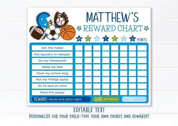 EDITABLE Sports Reward Chart Boys Reward Chart Boys Chore Chart Baseball Football Basketball Printable Digital Instant Download Corjl Il_570xn