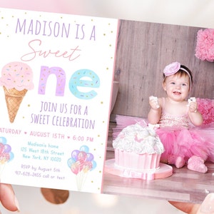 Editable Ice Cream Birthday Invitation Sweet One Ice Cream First Birthday Girl Ice Cream Party Pink Gold Sprinkles Balloons Digital A611