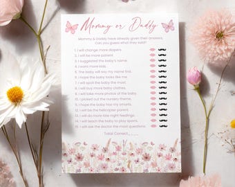 Juego editable "Adivina quién lo dijo" para baby shower con flores silvestres. Mariposa rosa y morada en flor. Descarga digital A761.