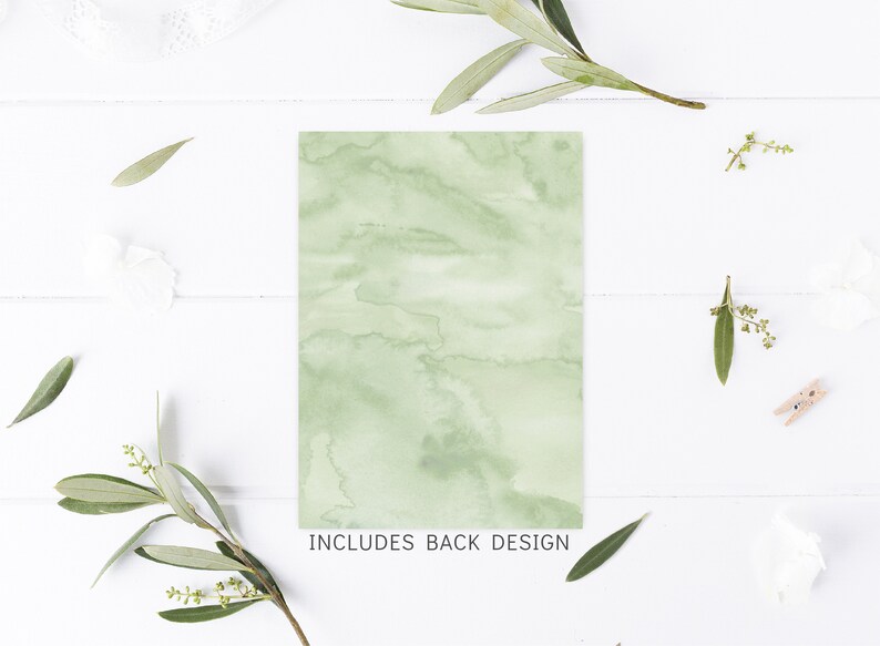 May include: A green watercolor background with a white border. The text "INCLUDES BACK DESIGN" is printed at the bottom of the card.