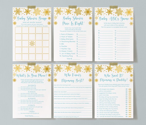 Editable Snowflake Baby Shower Games Package Blue Gold Snowflake Winter Baby Shower Boy Baby Shower 6 Printable Games Instant Download A579 Il_570xn