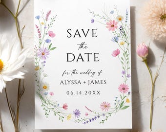 Save the Date-kaart met wilde bloemenweide, bloemenkrans, bewerkbaar digitaal A797