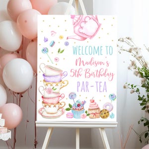 Editable Tea Party Birthday Welcome Sign Pink Gold Floral Girls Tea Part-tea Two for Tea Birthday Cakes Cupcake Sweets Digital Download A651