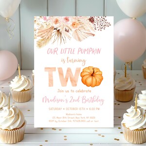 Editable Little Pumpkin Second Birthday Invitation Boho Pumpkin Birthday Invite Fall Autumn 2nd Birthday Printable Digital A641