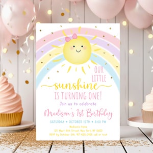 Editable Sunshine & Rainbow Birthday Invitation Girls Rainbow Party Pastel Rainbow Little Sunshine Printable Digital Instant Download A599