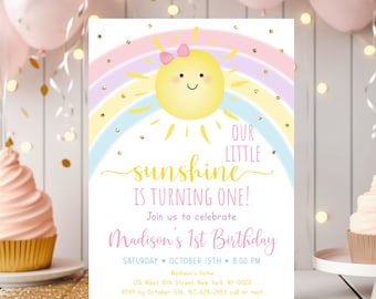 May include: A colorful invitation for a first birthday party. The invitation features a smiling sun with a pink bow, a rainbow, and gold glitter. The text reads "Our Little Sunshine is Turning One!" and "Join us to celebrate Madison's 1st Birthday". The date, time, and location of the party are also included.