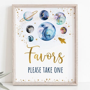 Space Party Favor Birthday Sign Blue Gold Galaxy Planets Outer Space Birthday Solar System Rocket Ship Boy Girl Printable Digital A586