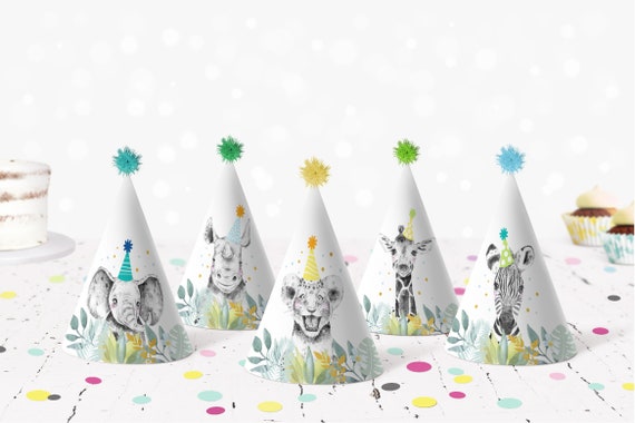 Safari Printable Birthday Party Hats Party Animals Wild One Birthday Blue Gold Safari Boy Jungle Animals Digital Download A557 Il_570xn