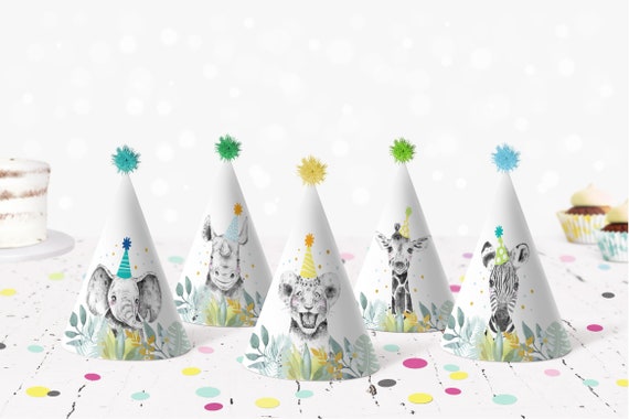 safari animals with party hats