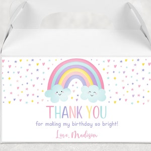 Editable Rainbow Birthday Favor Box Label, Gable Box Label, Girl Rainbow Party Pink Pastel Rainbow Clouds Printable Digital Download A549