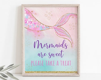 Mermaids Are Sweet Birthday Treat Sign Party Favor Sign Girl Mermaid Party Under The Sea Party Pink Gold Printable Digital Download A627