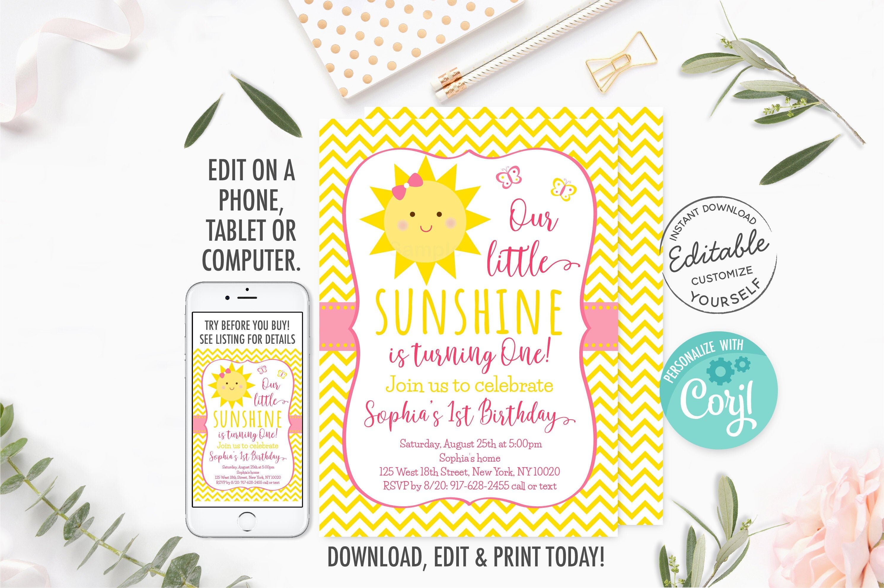 EDITABLE Sunshine Birthday Invitation You Are My Sunshine First Birth…