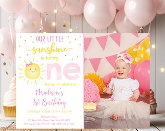 Editable Sunshine First Birthday Invitation Girl Sunshine Party Pastel Little Sunshine Pink Gold Birthday Invite Digital Download A599