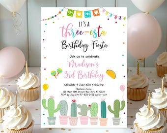 Redigerbar Three-Esta Fiesta födelsedagsinbjudan, tredje födelsedag, 3:e kaktusflicka, Fiestafest, kaktus, suckulent mexikansk, digital nedladdning A552