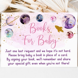 Ruimte babyshower boek verzoekkaarten roze goud Galaxy Planet Outer Space zonnestelsel raketten boeken voor baby Instant Download A586