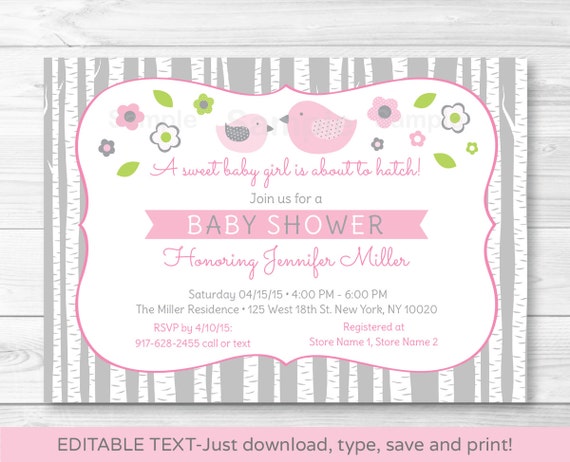 Pink Bird Baby Shower Invitation / Bird Baby Shower Invite / Woodland Bird / Pink & Grey / INSTANT DOWNLOAD Editable PDF A318 Il_570xn