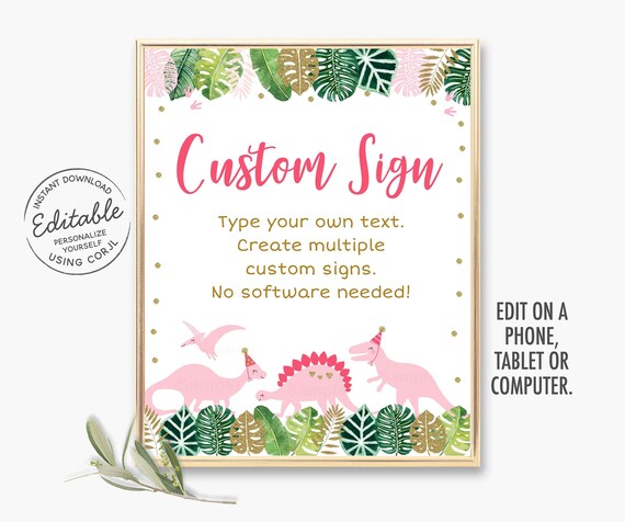 EDITABLE Pink Dinosaur Birthday Sign, Pink & Gold Dinosaur, Girl Dinosaur, Dinosaur Safari, Tropical Dinosaur, Printable Table Sign A507 Il_570xn