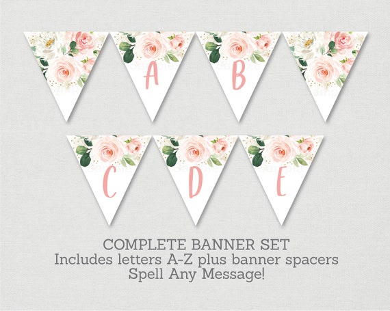 Blush Pink Floral Bridal Shower Banner / Blush & Gold Floral Bridal Shower Banner / Gold Confetti / Letters A-Z / PRINTABLE B138 Il_570xn