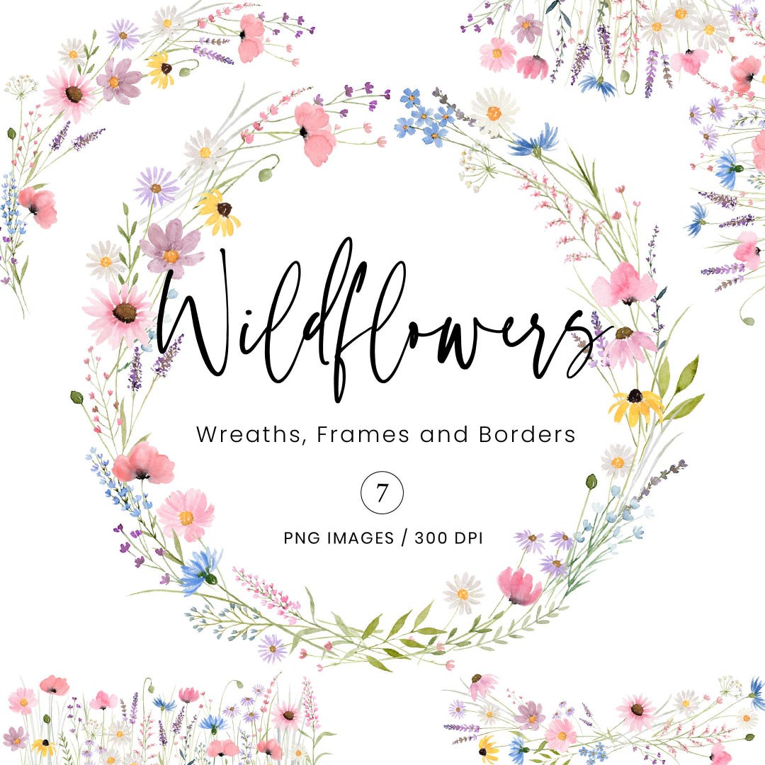 Wildflower Watercolor Wreath Clipart, Delicate Meadow Wildflowers ...