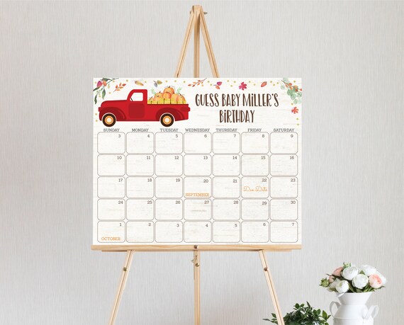 EDITABLE Pumpkin Baby Due Date Calendar Game Pumpkin Truck Baby Shower Gender Neutral Rustic Guess Baby's Birthday Digital Printable A551 Il_570xn