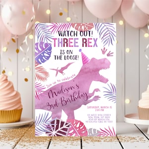 Editable Three Rex Dinosaur Birthday Invitation Girl Dinosaur 3rd Birthday Invite Dinosaur Safari T-Rex Pink Purple Watercolor Digital A663