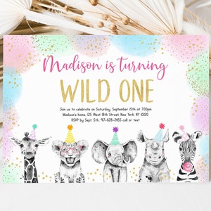 Editable Wild One Birthday Invitation Safari Birthday Pink Gold Pastel Safari Animals Girl Safari Party Jungle Zoo Animals Digital A558