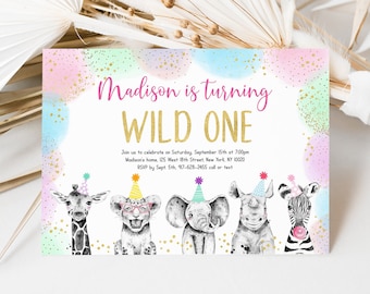 Editable Wild One Birthday Invitation Safari Birthday Pink Gold Pastel Safari Animals Girl Safari Party Jungle Zoo Animals Digital A558