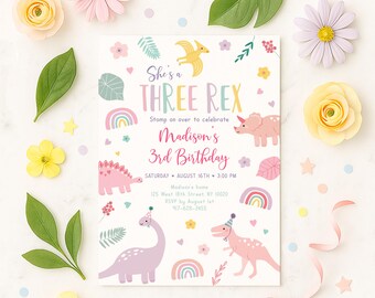 Editable Pastel Dinosaur Birthday Invitation, Three Rex Birthday Invite, Cute Pink Girl Dinosaur Party, Digital Download A736