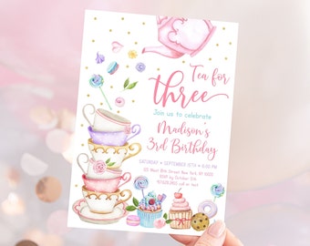 Editable Tea Party Birthday Invite Tea for Three Birthday Invitation Pink Gold Floral Tea Party Cake Cupcake Cookie Digital Download A651